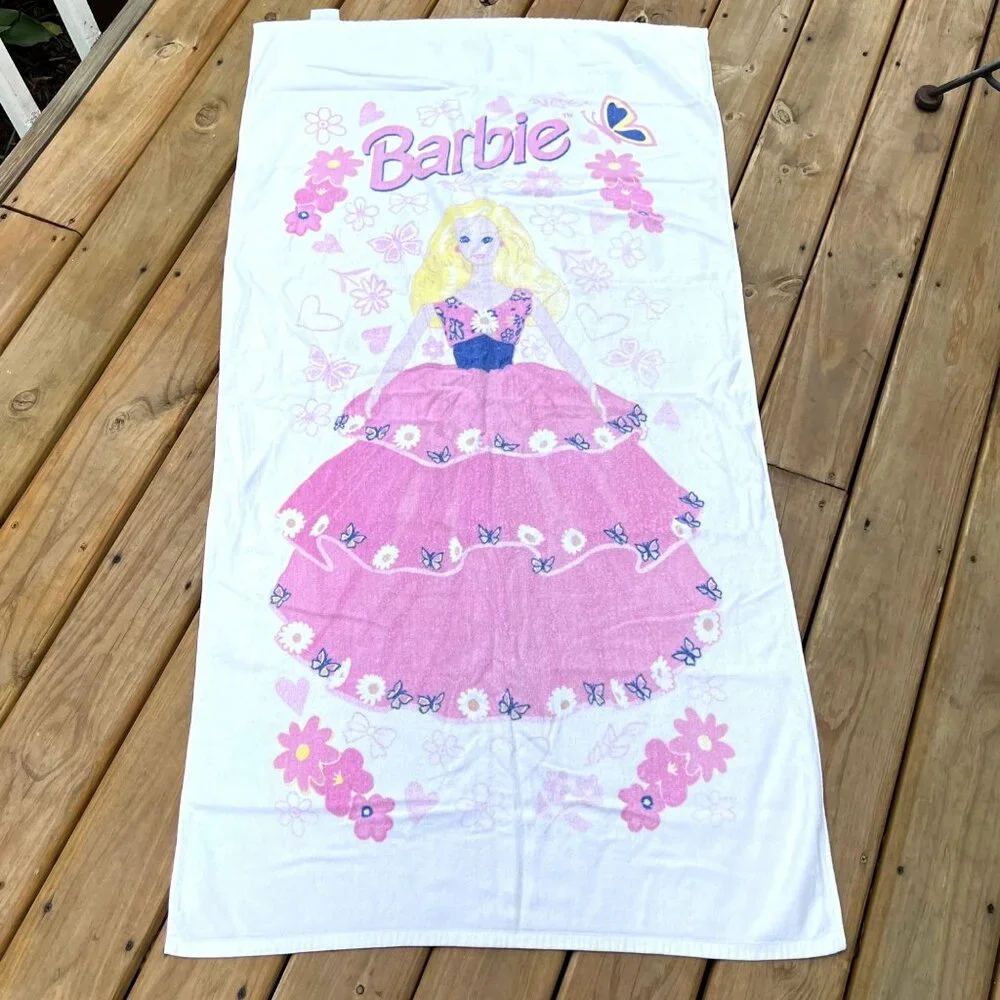 Vintage Barbie Beach Towel White Pink Floral Butterflies Party Dress